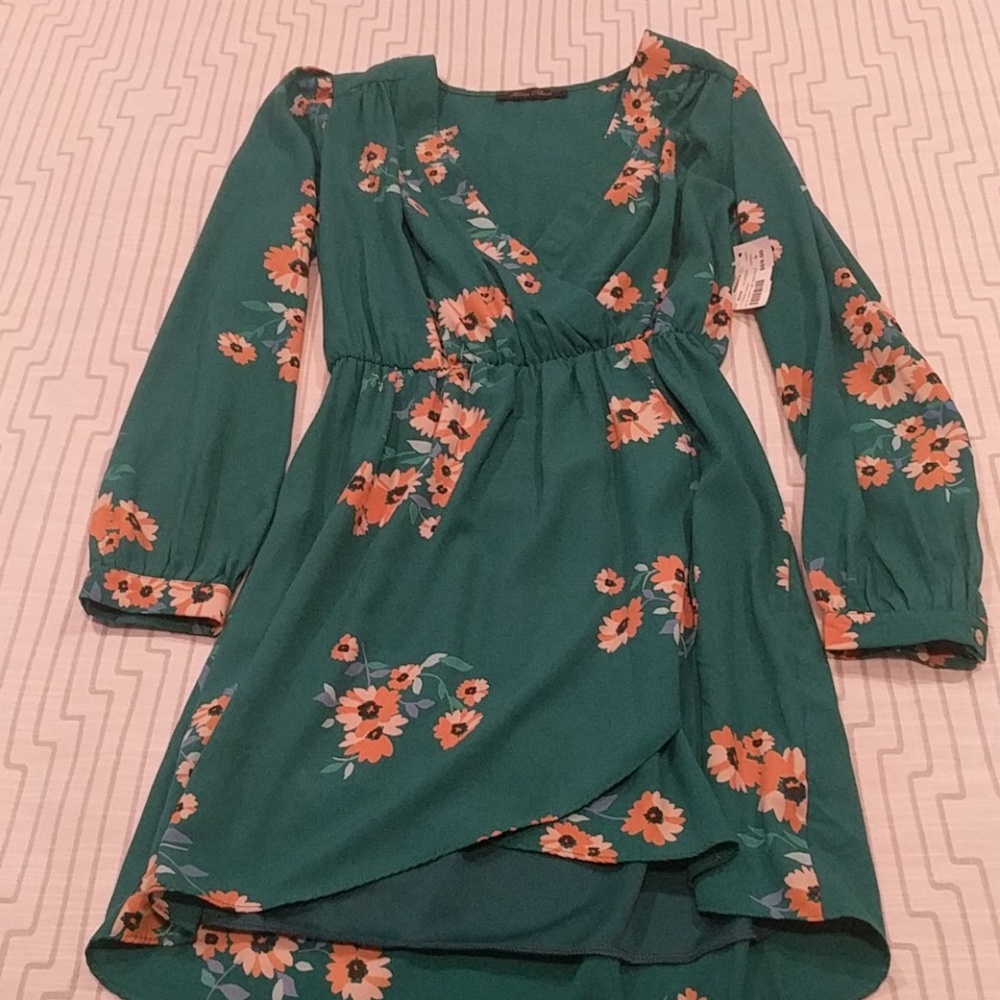 Faux wrap green floral dress